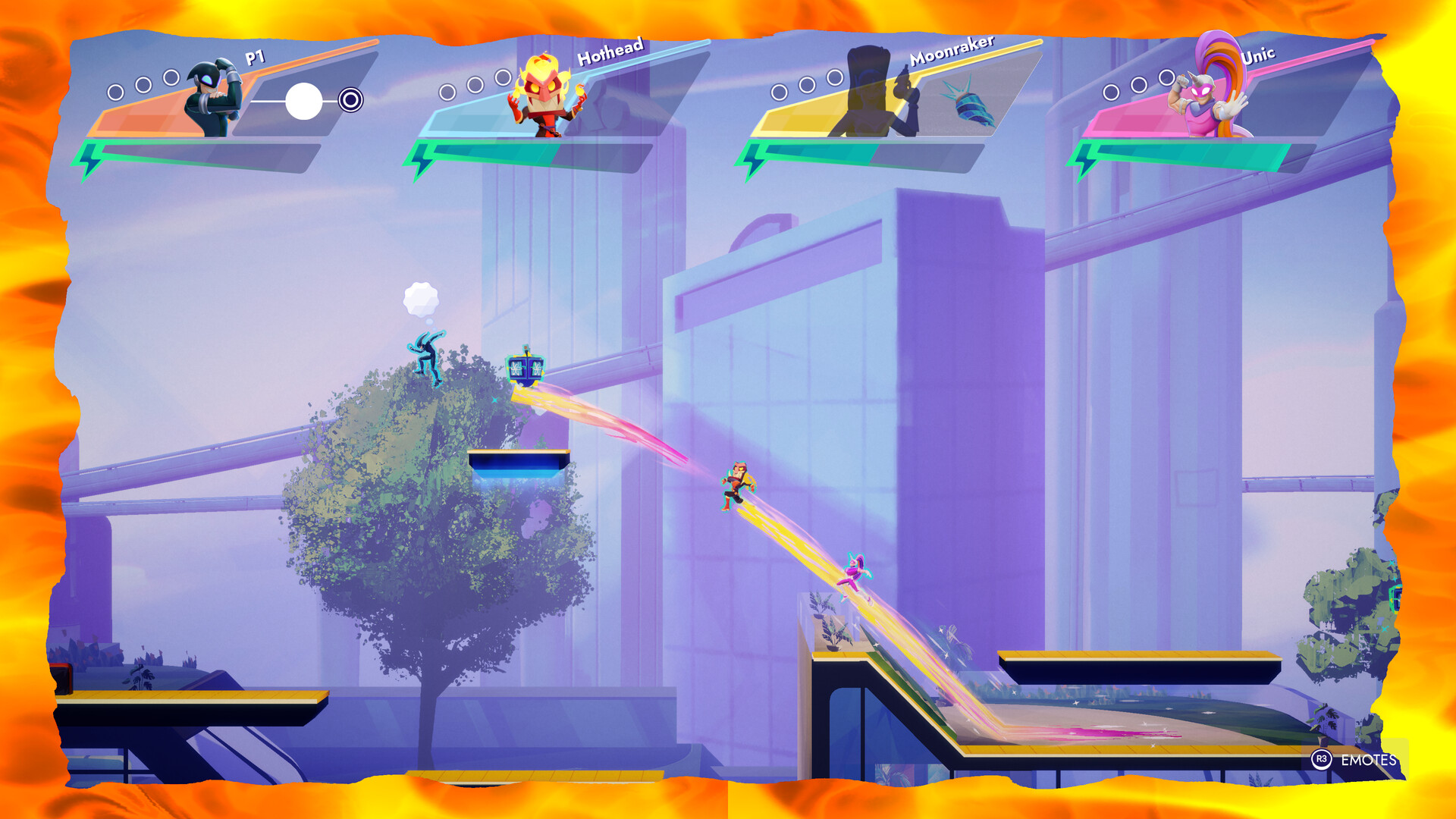 Four SpeedRunners 2 racers crossing a city map while the elimination fire closes in